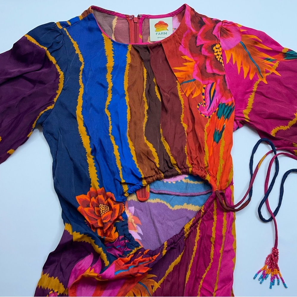 FARM Rio Floral Midi Dress Size XS Long Sleeve Vibrant Red Orange Blue Viscose - Picture 3 of 16